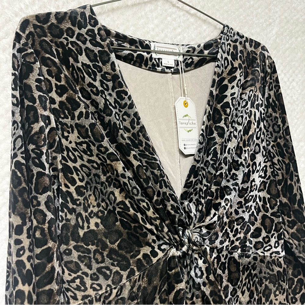 Love Riche Mini Dress Womens Leopard Print Bodycon Twisted Knot Large V Neck NWT - Picture 7 of 15